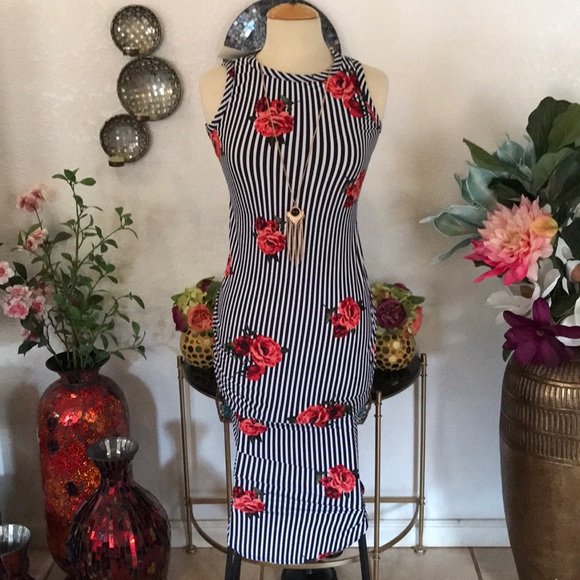 black and white striped dress with flowers